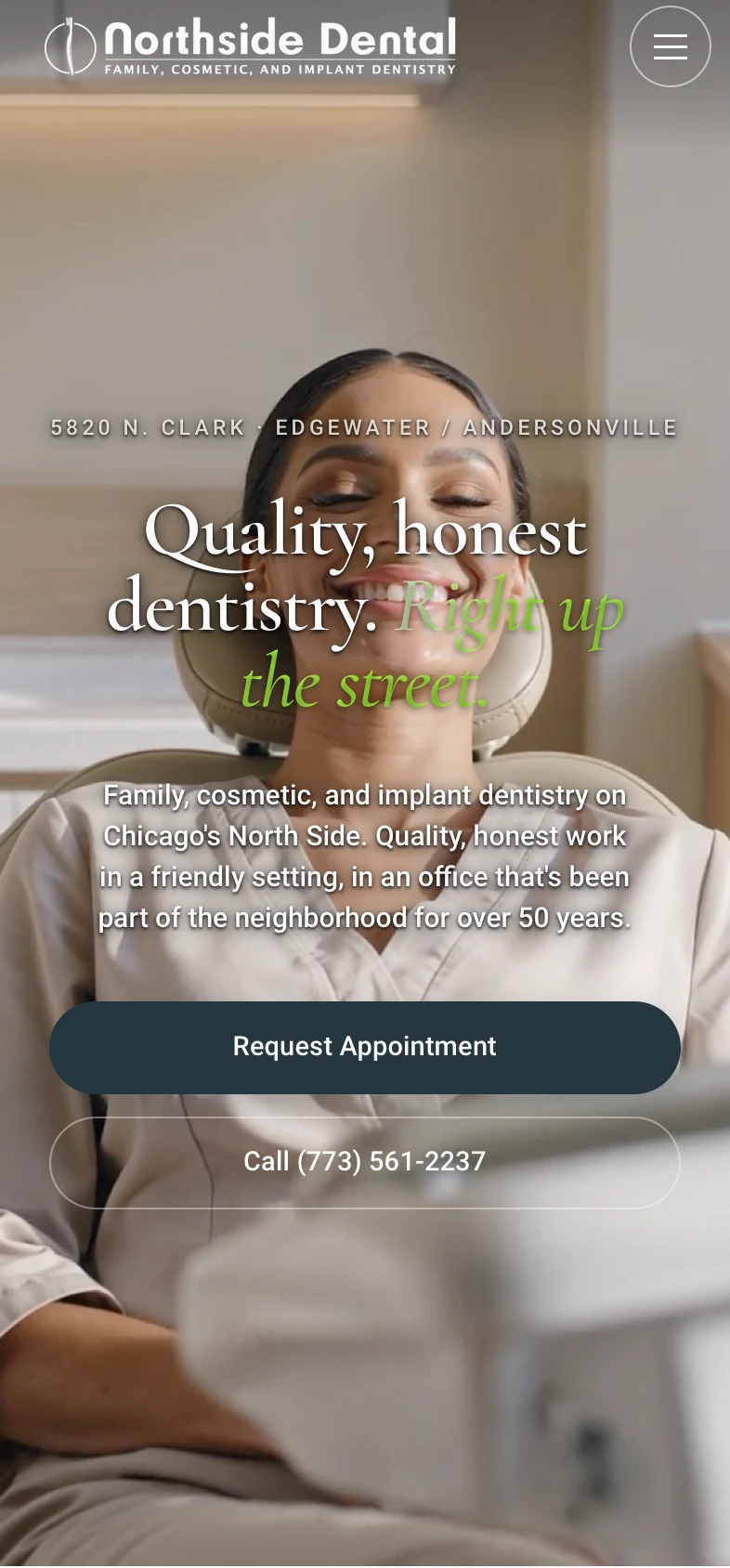 Northside Dental mobile homepage showing its Request Appointment and call buttons