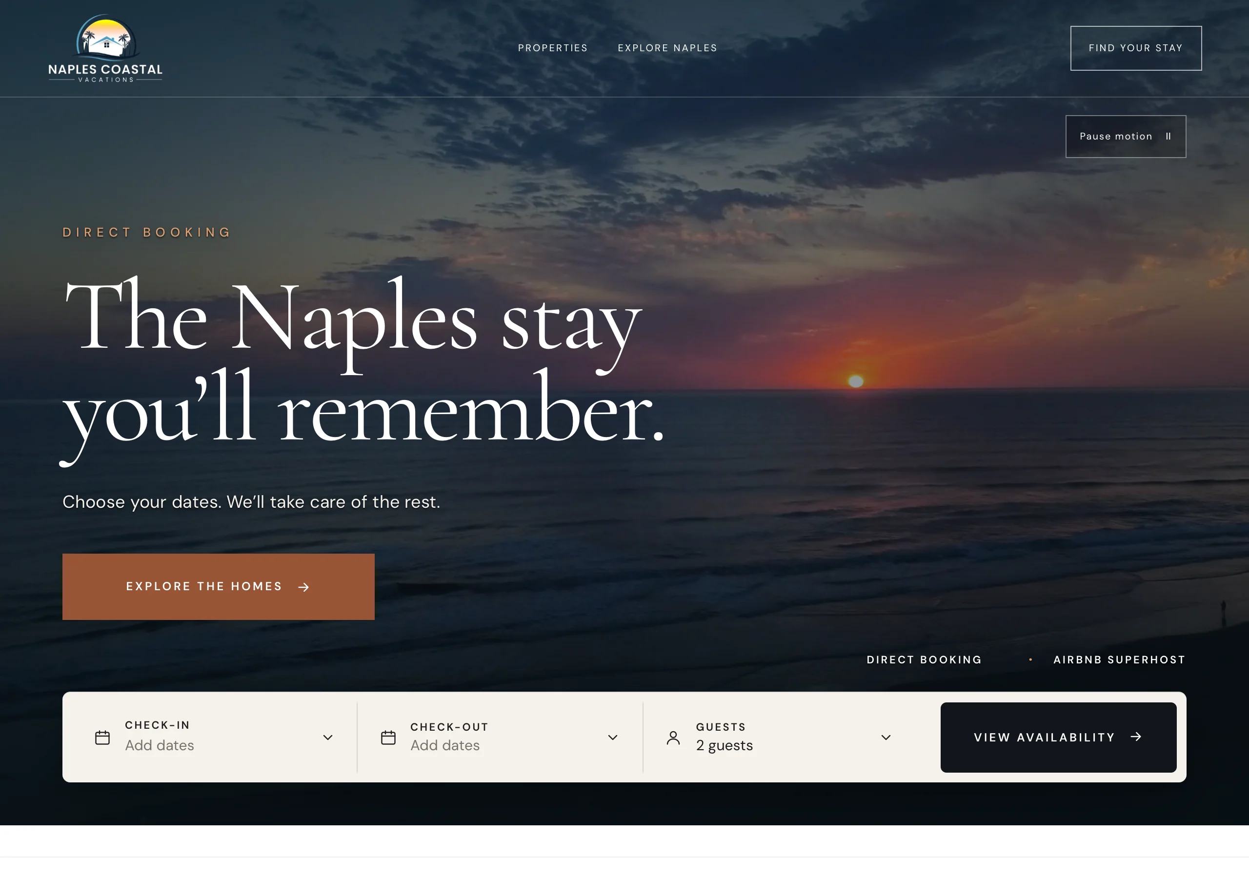 Naples Coastal Vacations website showing the coastal introduction and stay search