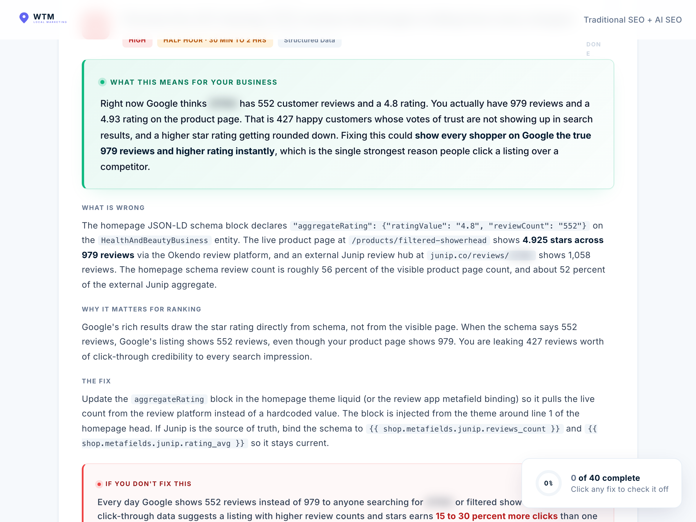Example SEO finding -business impact, what's wrong, the fix, and warning
