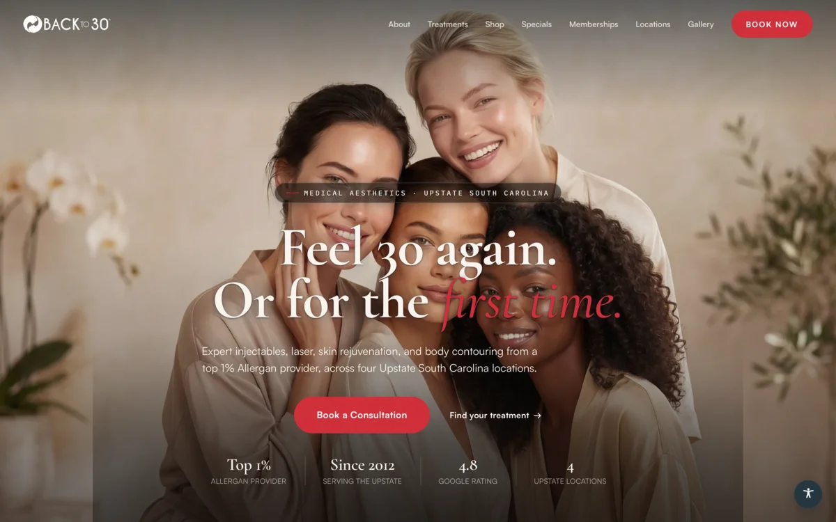 Back to 30 website hero, medical aesthetics across four Upstate South Carolina locations